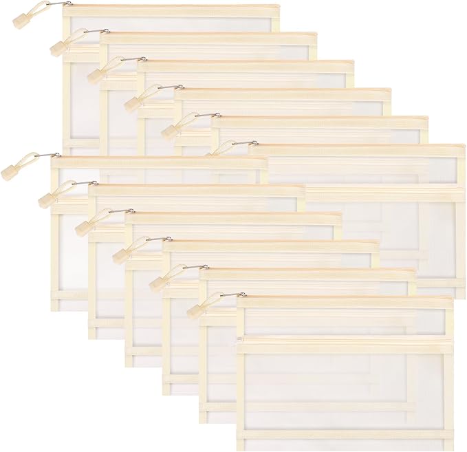 12 Pieces Zipper Nylon Mesh Pouch, Mesh Cosmetic Bags Makeup Bags Pencil Case, Multipurpose Travel Bags for Cosmetic School Office Supplies and Travel Accessories (2 Layers-Beige, A5)