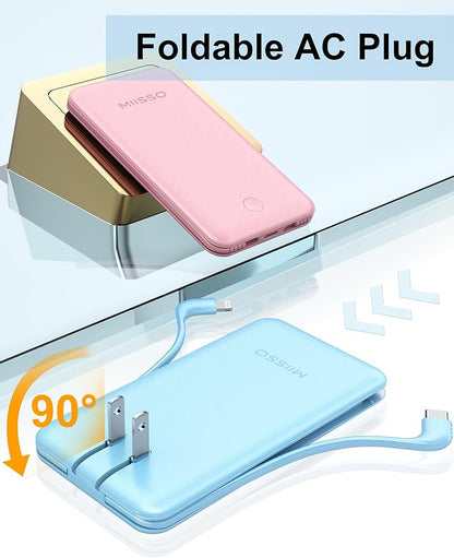 miisso Ultra Slim 10000mAh Power Bank Built-in Cables and Foldable AC Wall Plug, Pocket Size USB C Portable Charger, External Battery Pack Compatible with iPhone Samsung iPad etc, Blue