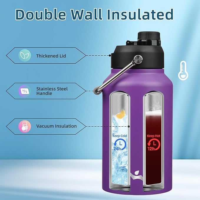Jug with Handle,87 oz Insulated Water Bottle with Carrying Pouch, Double Wall Vacuum Stainless Steel Metal Bottle,Purple
