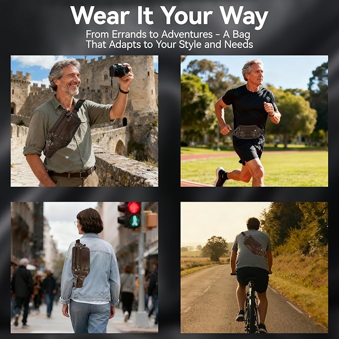 Brown Leather Fanny Pack for Men & Women,Fashionable Multi-Pockets Waist Belt Bag for Travel Sports Hiking Cycling Fishing Running
