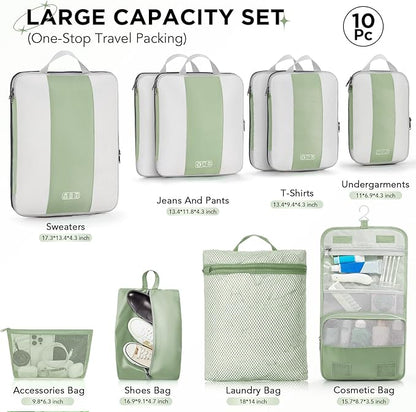 10 Set Compression Packing Cubes for Travel Essentials,Compressible Expandable Packing Cubes for Suitcase,OlarHike Luggage Organizer Bags for Travel,Handy Helper for Organizing Clothes(Matcha Green)
