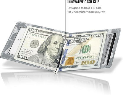 Kings Loot Money Clip Slim Minimalist Wallet for Men – RFID Blocking Leather Design with Money Clip – Front Pocket Bifold Holds 12 Cards – Stylish & Compact Wallets (Camo White)