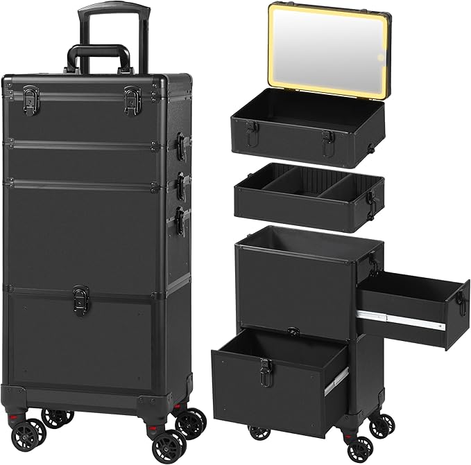 Makeup Train Case with LED Mirror, Rolling Makeup Case with Drawers, Cosmetology Case on Wheels, Gift, Travel Makeup Organizers, Profesional Cosmetic Case for Salon Barber,Nail,Tattoo, Black