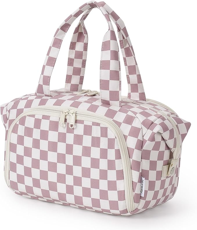 Narwey Travel Toiletry Bag, Wide-open Large Toiletry Bags for Traveling Women, Checkered Travel Bag for Toiletries Cosmetic Makeup Bag Organizer, Skincare Make Up Bag (Dusty Pink Checkerboard)