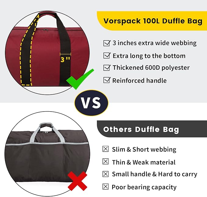 Vorspack Extra Large Duffle Bag for Travel - 100L Duffel Bag for Men Gear Bag for Storage Foldable Weekender Bag for Overnight Camping - Red