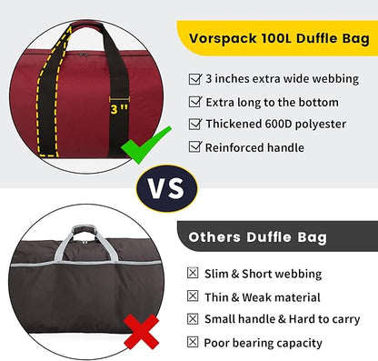 Vorspack Extra Large Duffle Bag for Travel - 100L Duffel Bag for Men Gear Bag for Storage Foldable Weekender Bag for Overnight Camping - Red