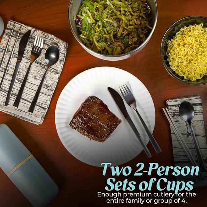 Travel Utensils with Case - Metal Camping Silverware Cutlery Set with Cups - Reusable & Portable Fork Knife Spoon Flatware & Chopsticks for Lunch Box, Backpacking, Mess Kit (2 Cases)