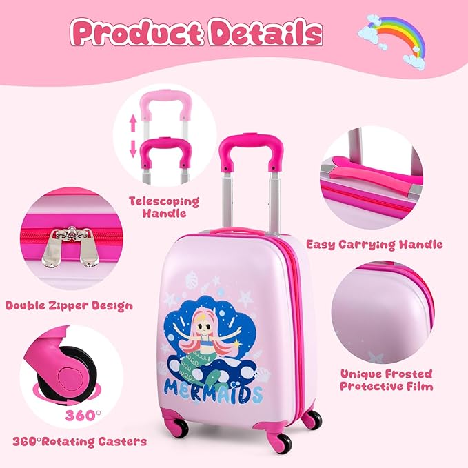 KOTEK Kids Carry On Luggage Set, 16" Hardside Rolling Suitcase with Spinner Wheels, Travel Rolling Luggage for Boys Girls (Mermaid)
