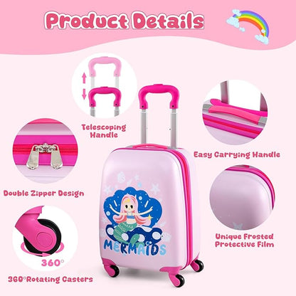 KOTEK Kids Carry On Luggage Set, 16" Hardside Rolling Suitcase with Spinner Wheels, Travel Rolling Luggage for Boys Girls (Mermaid)