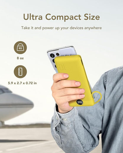 VEGER Portable Charger with Built-in AC Plug and Cables, All in One 10000mAh Ultra Slim Power Bank Travel Essentials, 15W Fast Charging Battery Pack Compatible with iPhone, Samsung, Android (Yellow)