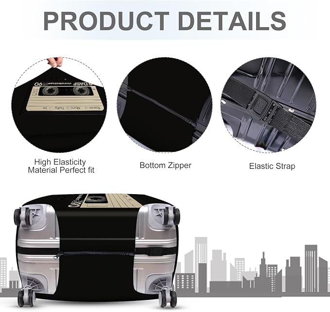 ANNA QUEEN Retro Cassette Tape Luggage Cover, Vintage Music Design Suitcase Protector, Washable Stretchable Travel Sleeve for 32-34 Inch Luggage