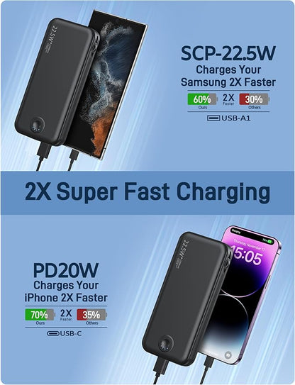 22.5W Super Fast Charging Portable Charger with Wall Plug,12000mAh USB-C Power Bank Built-in 2 Cable, Lightweight Phone Charger Travel Battery Pack for All iPhone, Samsung, Tablets