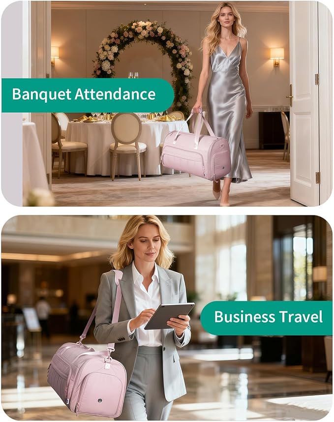 WANDF Convertible Garment Bags for Travel with Wet Pocket Carry on Garment Duffle Bag 2 in 1 Puffy Hanging Clothes Travel Bags with Shoe Compartment for Airplanes Business Weekend Gym Wedding (Pink)