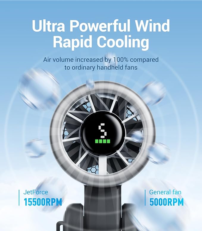 Diveblues Portable Handheld Turbo Fan, 5 Gear Wind, Battery Operated, Up to 12 Working Hours, 3 IN 1 Hand Fan with Air Turbo Tech Cooling Fan for Outdoor Activities, Travel, Working, Obsidian black