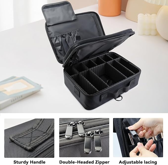 Travel Makeup Bag Makeup Cosmetic Train Case Organizer Portable Storage Bag with Adjustable Dividers for Cosmetics Makeup Brushes Toiletry Jewelry Black Medium