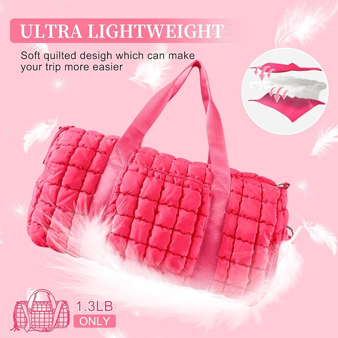 Quilted Travel Duffle Bag Gym Bag for Women,Large Puffer Duffle Weekender Bag with Compartment,Workout Overnight Carry on Organizer Bag Duffle Bag for Airplane Travel(Rosered)