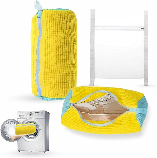 Shoe Washing Machine Bag - 2pc Reusable Laundry Shoe Bags for Washer & Dryer with 1pc Drying Net Bag, Protective Mesh for Sneaker