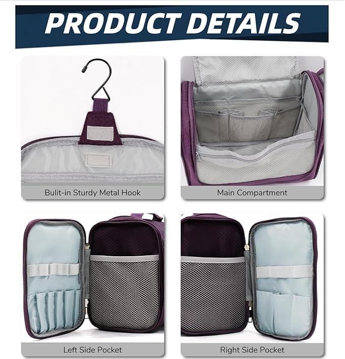 Buruis Large Toiletry Bag for Women and Men, Hanging Travel Bag for Makeup, Cosmetics, Shaving, Toiletries, Water-Resistant Dopp Kit for Gym, Camping, or Daily Use, Purple