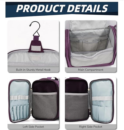 Buruis Large Toiletry Bag for Women and Men, Hanging Travel Bag for Makeup, Cosmetics, Shaving, Toiletries, Water-Resistant Dopp Kit for Gym, Camping, or Daily Use, Purple