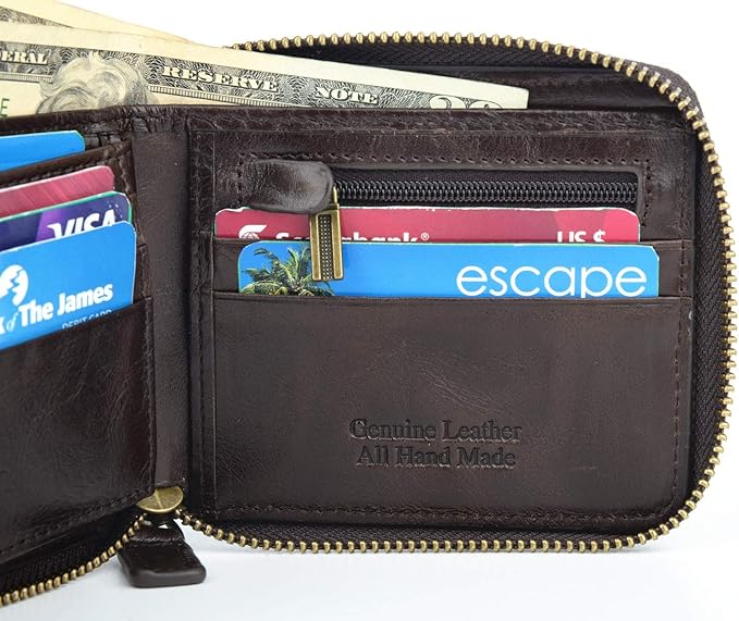 Genuine Leather Zipper Wallet With Coin Pocket, RFID Blocking Zip Around Front Pocket Bifold Wallet, Gift for Men