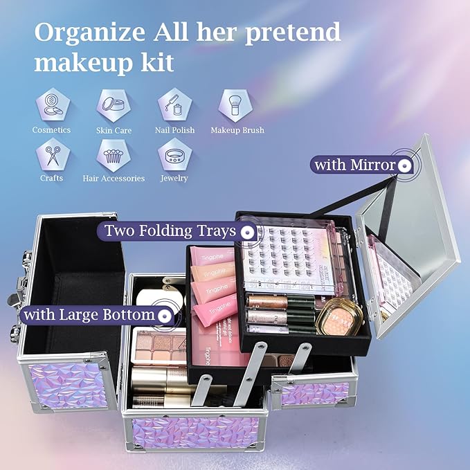 Costravio Makeup Box Organizer with Mirror, Makeup Case Train Case for Girls Women Kids Make up Box Makeup Case Organizer with Lock and Key Storage Vanity for Polishes Cosmetic Jewelry, Shiny Purple
