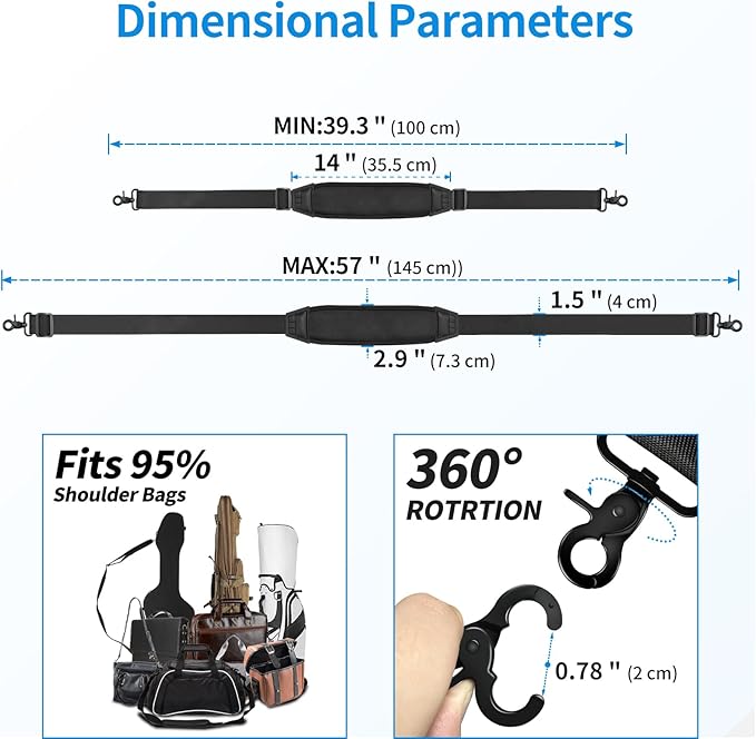 55" Universal Shoulder Strap, Neoprene Thick Padded Bag Strap with Double Adjustable Buckles and Metal Hooks, Ideal for Briefcases, Computer Satchels, Crossbody Bags, Luggage(Supple)