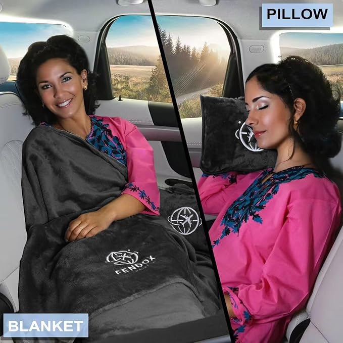 2-in-1 Travel Blanket and Pillow – Lightweight, Compact, Ultra Soft, Machine Washable – Handle, Luggage Sleeve, Backpack Clip – for Travel Airplane, Car, Office (Black)