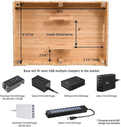 MobileVision Bamboo 12-Port Charging Station & Docking Organizer for Smartphones & Tablets, Family-Sized, for use in Corporate Offices & Classrooms