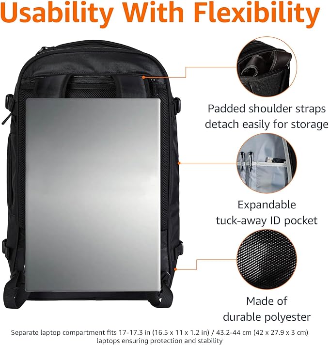 Amazon Basics Travel Backpack, Carry On Backpack, With Laptop Compartment, 40L Capacity, Expandable for 10% Extra Space, Backpack & Shoulder Bag Dual Use, 15.8"W x 21.5"H x 8.3"D, Black