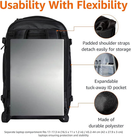 Amazon Basics Travel Backpack, Carry On Backpack, With Laptop Compartment, 40L Capacity, Expandable for 10% Extra Space, Backpack & Shoulder Bag Dual Use, 15.8"W x 21.5"H x 8.3"D, Black