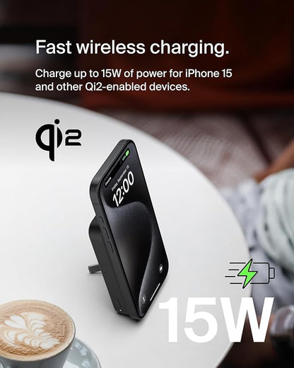 Belkin Portable Charger, Wireless Power Bank 15W 8000 mAh w/ Qi2 - MagSafe Charger w/Built-in Pop-up Kickstand - iPhone 17, Air, Pro, Pro Max, AirPods, Apple Watch, Google Pixel 10, etc. - Black