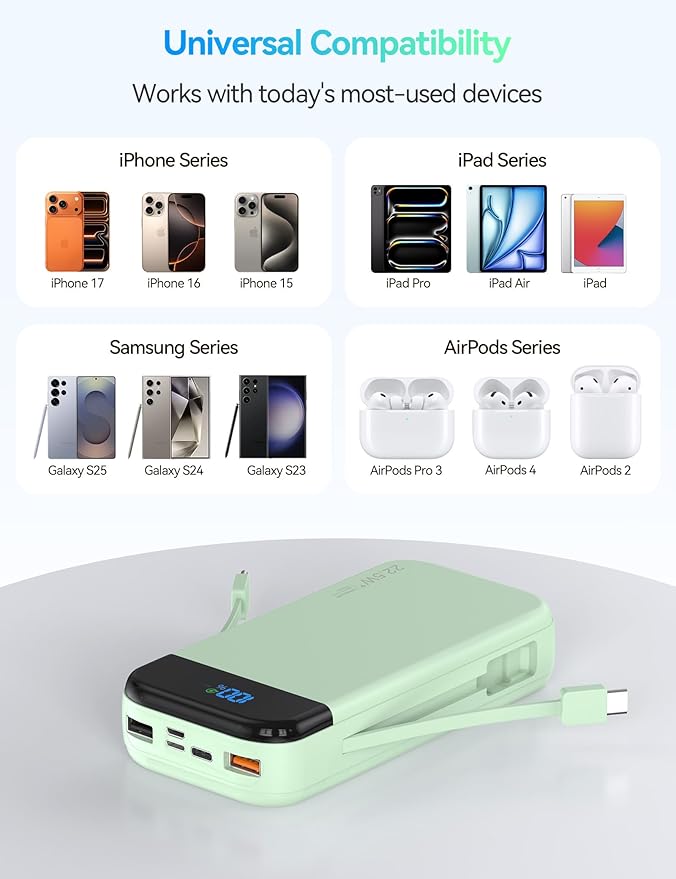 Portable Charger Power Bank 32000mAh with Built in Cables, PD3.0 USB C Fast Phone Charger, 5 Outputs LCD Display Travel Battery Pack Compatible with iPhone, Samsung All Cell Phones (Green)