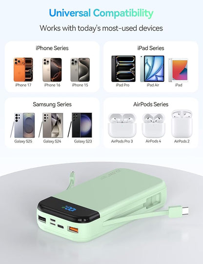 Portable Charger Power Bank 32000mAh with Built in Cables, PD3.0 USB C Fast Phone Charger, 5 Outputs LCD Display Travel Battery Pack Compatible with iPhone, Samsung All Cell Phones (Green)