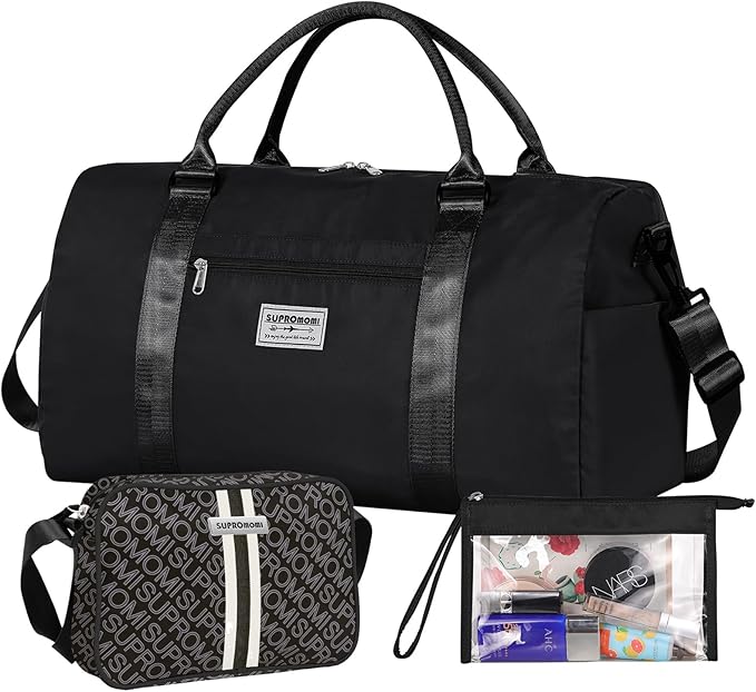 Large Travel Duffel and Small Shoulder Bag, Sports Tote Gym Yoga Airplane Carry-on Bag,Shoe with Clear Cosmeticp Bag,Outdoor Camping Overnight for Men and Women, Black
