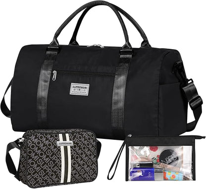 Large Travel Duffel and Small Shoulder Bag, Sports Tote Gym Yoga Airplane Carry-on Bag,Shoe with Clear Cosmeticp Bag,Outdoor Camping Overnight for Men and Women, Black