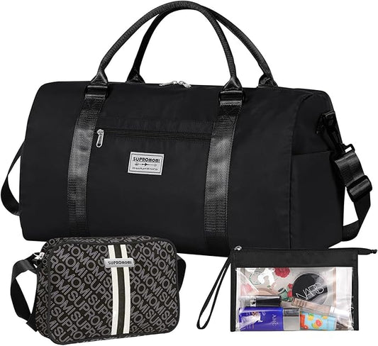 Large Travel Duffel and Small Shoulder Bag, Sports Tote Gym Yoga Airplane Carry-on Bag,Shoe with Clear Cosmeticp Bag,Outdoor Camping Overnight for Men and Women, Black