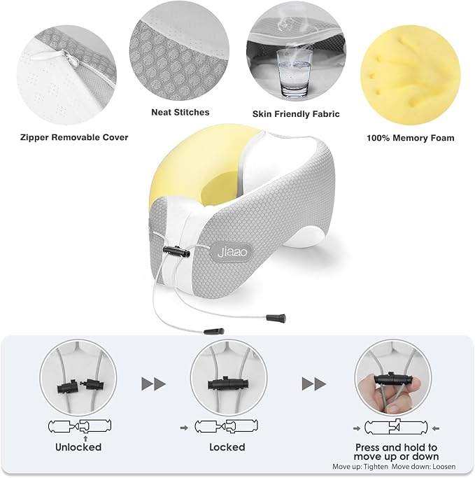 jiaao Neck Pillow Airplane, 2025 Upgraded Memory Foam Travel Pillow for International Flights, Adjustable Clasp, Storage Bag, Advanced Neck Support for Road Trips, Home, Office, and Gaming