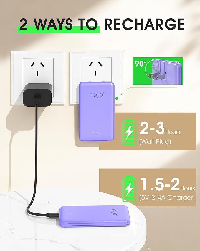 TG90° 2 Pack 5000mAh Power Bank,Small Portable Charge Built-in AC Plug and Cables,Pocket Size USB C External Battery Pack Compatible with iPhone 17 16 15 14 13 12 Samsung Google iPad,White & Purple