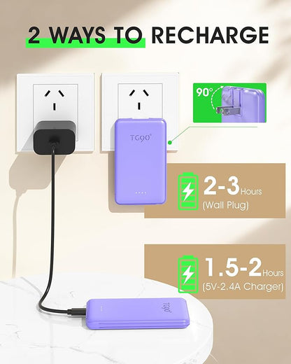TG90° 2 Pack 5000mAh Power Bank,Small Portable Charge Built-in AC Plug and Cables,Pocket Size USB C External Battery Pack Compatible with iPhone 17 16 15 14 13 12 Samsung Google iPad,White & Purple