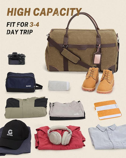 Gonex Waxed Canvas Duffle Bag for Travel, Water-resistant Vintage 55L Duffel Weekender with Shoes Compartment & Luggage Tag, Heavy-duty Overnight Bag with Suitcase Handle Sleeve for Men, Coffee