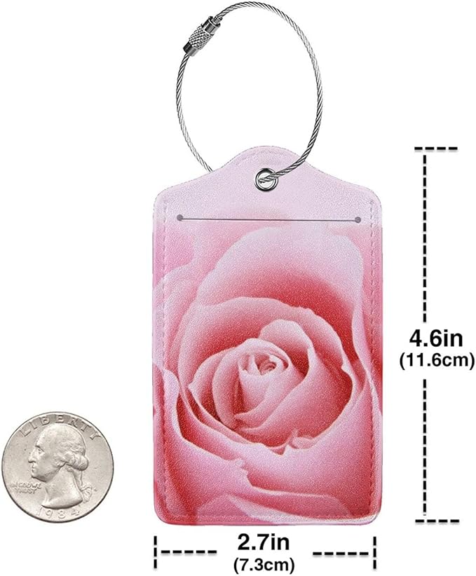 2 Pack Pink Rose Luggage Tags for Suitcases, Pretty Flower Leather Suitcase Backpack Bag Tags Identifiers with Privacy Cover Name Address Labels & Durable Steel Loop for Women Girls Travel