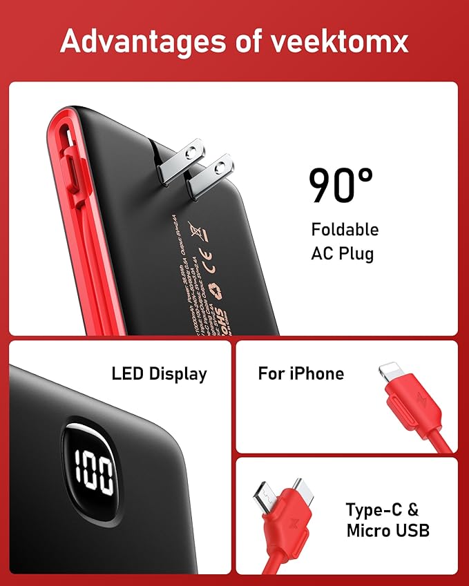VEEKTOMX Portable Charger with Built in Cables 10000mAh, Power Bank for iPhone with AC Wall Plug, Fast Charging USB C Slim Battery Pack with LED Display Compatible with iPhone 17/16/15/14, Samsung
