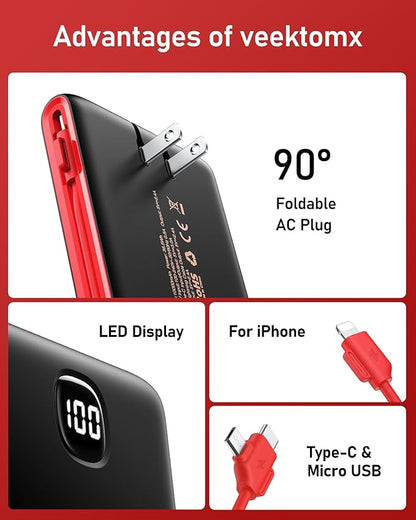 VEEKTOMX Portable Charger with Built in Cables 10000mAh, Power Bank for iPhone with AC Wall Plug, Fast Charging USB C Slim Battery Pack with LED Display Compatible with iPhone 17/16/15/14, Samsung