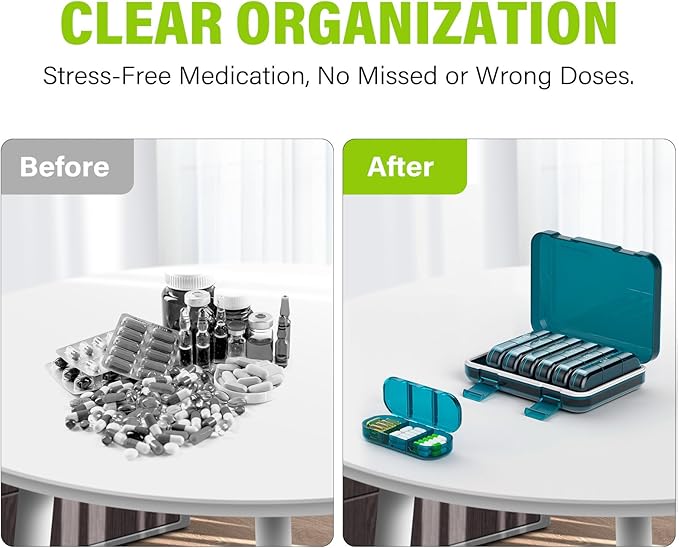 Vikie Weekly Pill Organizer 3 Times a Day, Morn NOON Night, BPA-Free, Portable & Moisture-Proof for Pills, Vitamins, Supplements (3x7 Blue)