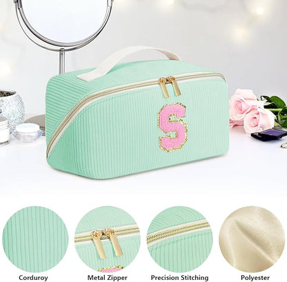 Personalized Initial Makeup Bag,Christmas Gifts for Girl,Preppy Bag Cosmetic Travel Bag Women,Travel Toiletry Organizer,Large Capacity Corduroy Stuff Bag,Cute Cosmetic Pouch Skincare Bag-Q
