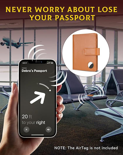 Passport Holder Wallet Cover Case for Women and Men,RFID Blocking,Passport Case with AirTag Holder,Travel Accessories (Brown)