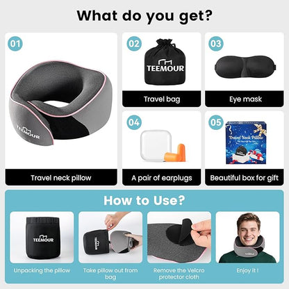 Travel Neck Pillow Airplane- Stocking Stuffers Upgraded 360° Support Travel Pillows for Airplanes, with Eye Mask & Earplugs, Portable Carry Bag for Long Flights, Business Trip| Best Travel Essentials