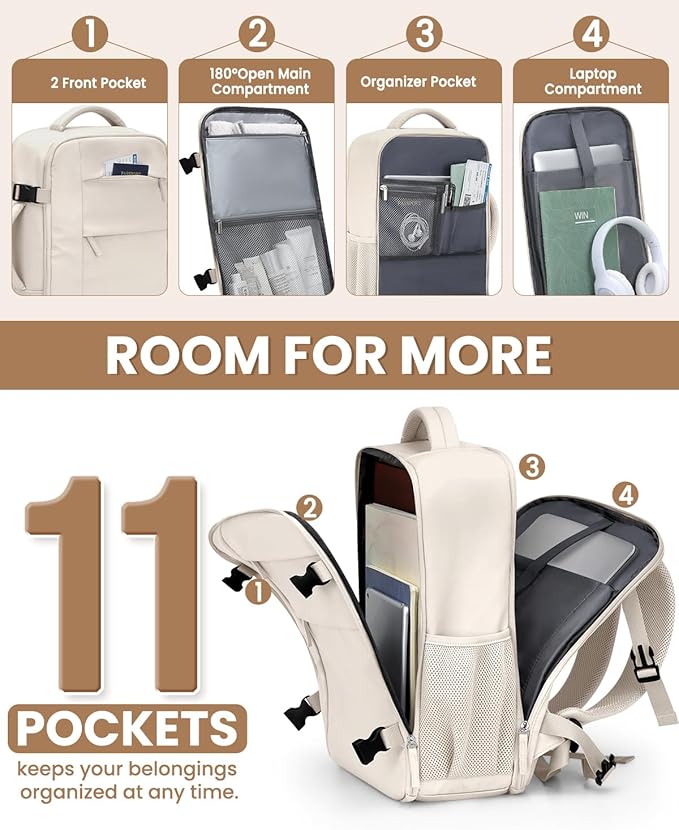 Travel Backpack for Women Man, Waterproof Laptop Backpack Travel Bag Airline Approved Carry on Weekender Overnight Bag Bookbag for Business,Travel, Work Fits 17.3 inch Laptop(Large,Beige)