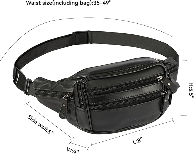 Leather Fanny Pack for Men Women,Genuine Leather Waist Belt Bag with Adjustable Strap Belt Hip Bag with Multi-Pockets for Travel Sports Running Cycling Hiking