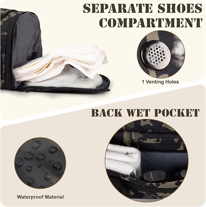 Tactical Duffle Bag For Travel Expandable 52L Large Duffle Bag For Men Gym Duffel With Wet Pocket Multi-Functional Carry On Bags Weekender Overnight Bag Organizer Duffel Bag For Travel